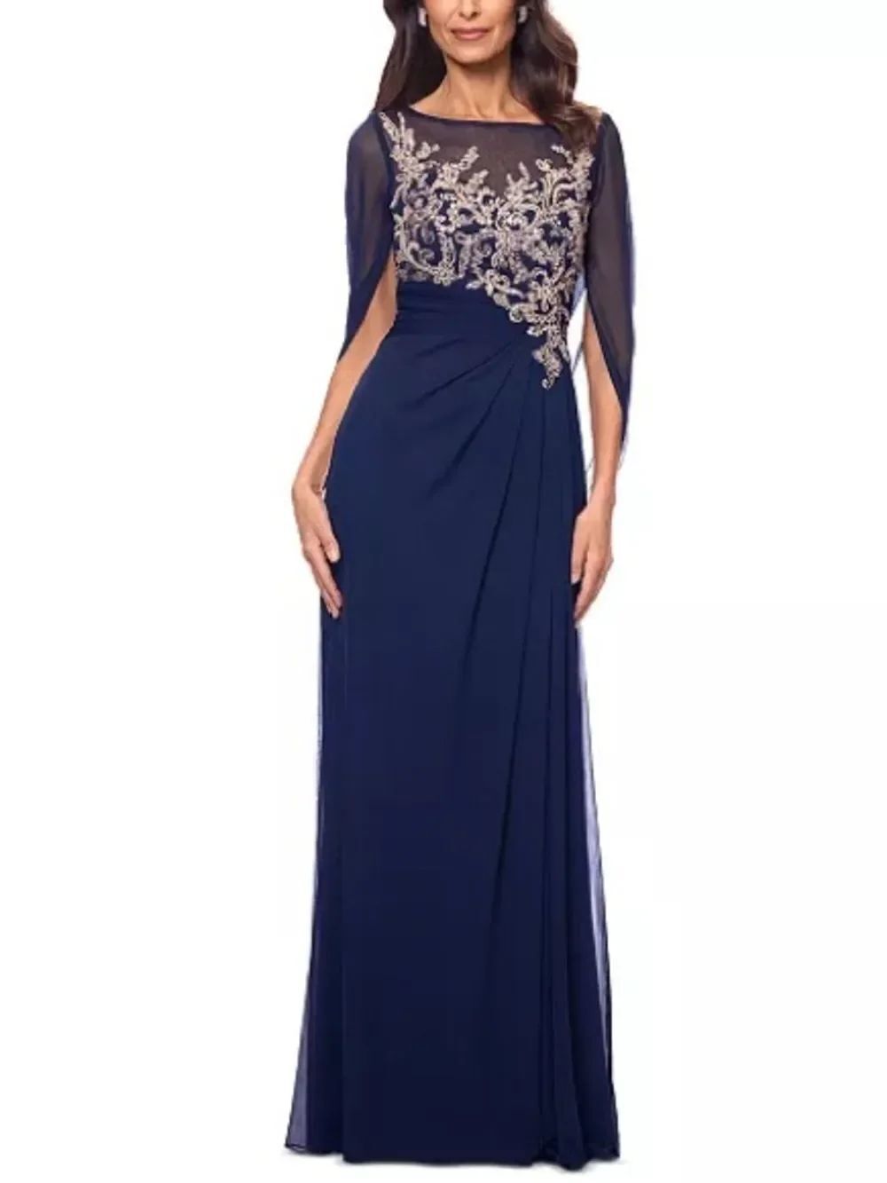 NWOT Betsy & Adam Blue Floral Applique Cape Sleeve Gown Size 6